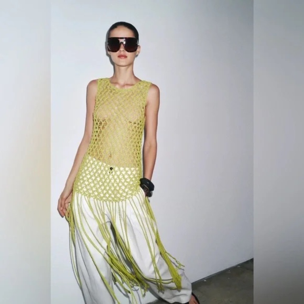 ZARA Lime Crochet Knit Fringe Top